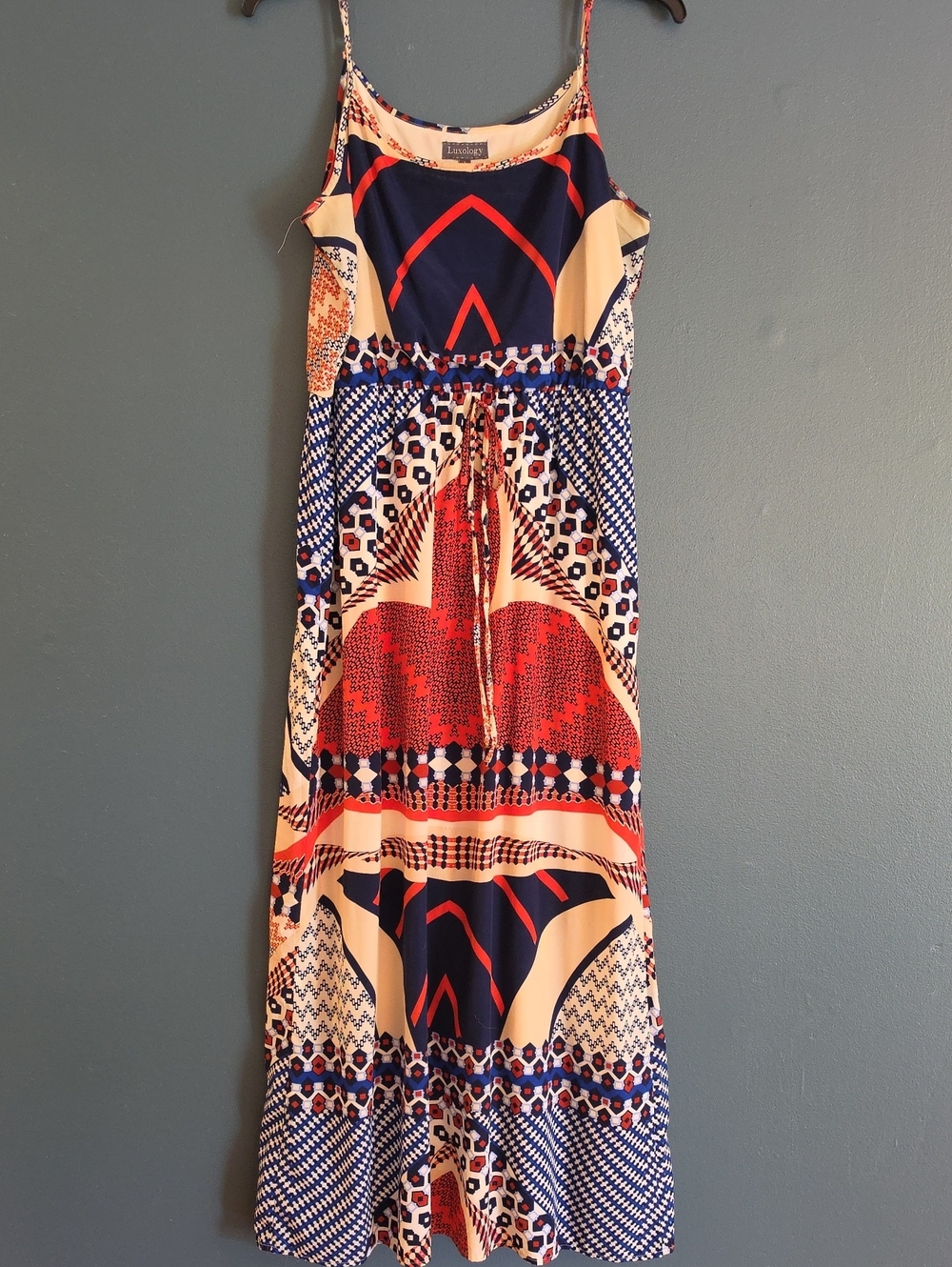 Lush Navy, Red & Cream Geometric Spaghetti-Strap Maxi Dress
